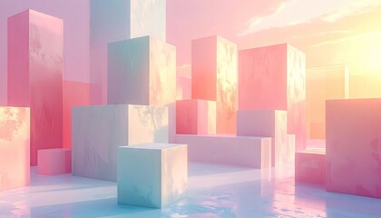 Fototapeta premium A serene and colorful scene, featuring towering, textured cubes in pastel hues, bathed in warm, ambient light.