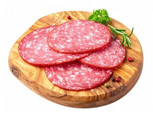 Three salami slices on a rustic wooden board, garnished with herbs and peppercorns, presented on a stark white background, top-down view