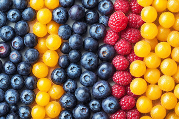 Colorful blueberries, raspberries, and yellow berries arranged in rows create vibrant, fresh, and appetizing fruit background