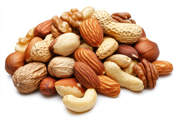 Almond cashew walnut hazelnut peanut pecan nut healthy snack isolated colorful display of mixed nuts including almond cashew walnut hazelnut