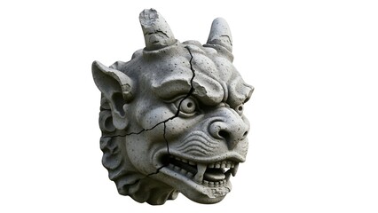 Stone gargoyle head with chipped features on a white background, perfect for architectural and fantasy designs