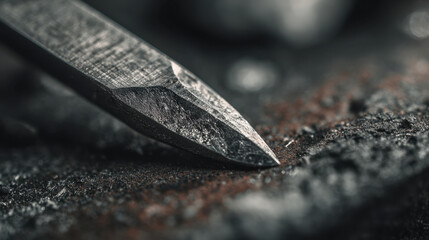 Sharp metal tool resting on a textured surface with dark colors and subtle highlights focusing on detail of craftsmanship and material texture in a workshop setting.