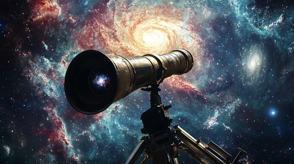 Telescope on Spaceship Observing Distant Galaxy Amid Colorful Cosmic Phenomena Including Supernovae and Pulsars in Deep Space
