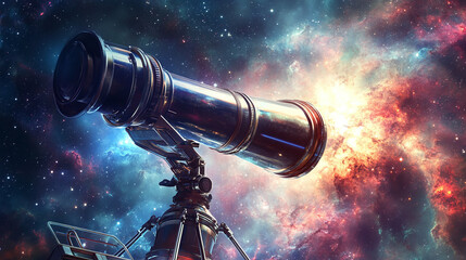Telescope on Spaceship Observing Distant Galaxy Amid Colorful Cosmic Phenomena Including Supernovae and Pulsars in Deep Space