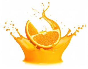 Halved orange slice mid-splash, juice crown explosion, vibrant color, isolated on white, droplets suspending in air, dynamic motion