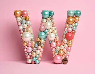 Pearl letter "W" A whimsical letter "W" decorated with pastel colored pearls, set against a pink background