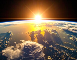 Earth view from space shows sunrise/sunset, with clouds, atmosphere, and sun shining. A stunning and vibrant display of celestial beauty