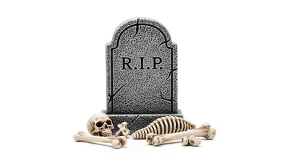 Isolated miniature tombstone with 'R.I.P.' inscription, surrounded by realistic skeletal remains, artfully displayed against a crisp, blank white background, symbolizing mortality and Halloween