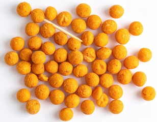 A scattering of small, orange-coated balls lies on a white background, one pierced by a toothpick. Textured surfaces, even distribution