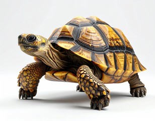 A terrestrial tortoise, textured shell with patterns, legs positioned for walking, against a plain background. Warm lighting emphasizes details