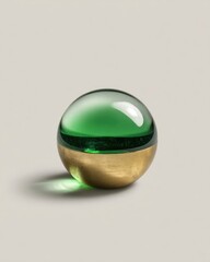 Emerald green and brass sphere ornament.  A glass sphere,  partially emerald green, partially brass.  Modern,  minimalist,  decorative