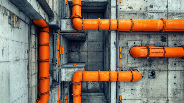 Industrial ceiling with exposed orange pipes, concrete structure, modern architecture, geometric pattern, urban style, vibrant mood
