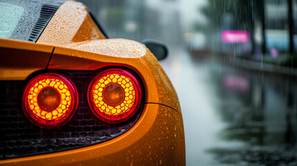Sleek orange sports car with vibrant headlights, wet surface, rainy city street, modern design, energetic mood