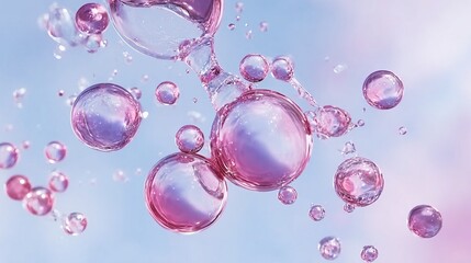 A close-up view of translucent pink and purple bubbles floating against a soft gradient background, capturing the delicate interplay of light and liquid.