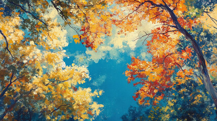 Vibrant Autumn Forest Canopy with Golden, Orange, and Red Leaves Set Against a Crisp Blue Sky in a Stunning Seasonal Landscape