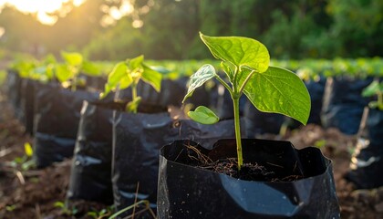 Young seedlings in black plastic bags, planted in rows, bathed in sunlight