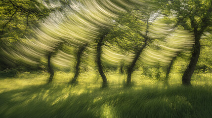 Windy Day in Lush Forest with Tree Leaves Fluttering in Breeze, Creating Dynamic Motion Against a Blurred Green Background