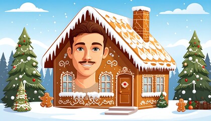 A man's face seamlessly integrated into a gingerbread house, nestled amongst Christmas trees. Festive scene with snow and gingerbread cookies
