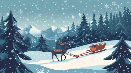 Reindeer Pulling Traditional Wooden Sled in Snowy Winter Forest with Falling Snowflakes and Pine Trees Creating a Serene Festive Atmosphere