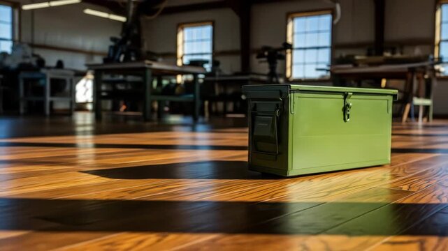 Green metal tool box on wood floor in workshop with tables and natural light from windows. Work bench, tools, and equipment visible.