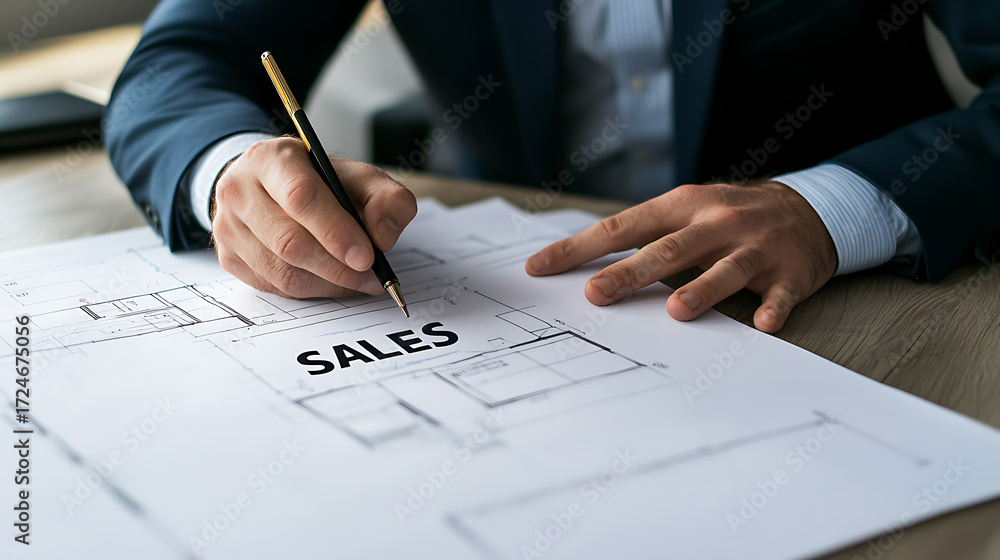Poster architect reviewing sales. a professional in a navy suit examines a blueprint with 