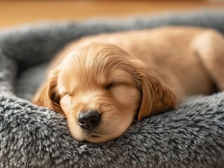Adorable Golden Retriever Puppy Sleeping Peacefully in a Soft Gray Bed
