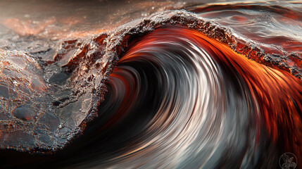 An abstract, artistic representation of hematite in nature, showing dark, swirling patterns of red and silver flowing through a stream of water