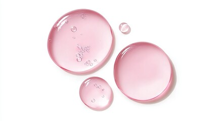 Close-up of translucent pink gel droplets with air bubbles, set against a clean white background.