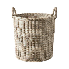 Obraz premium Tall cylindrical handwoven wicker basket with two sturdy twisted handles made from natural lightcolored fibers.