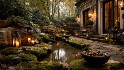 Obraz premium Autumnal garden path, lit by lanterns. Tranquil scene with water feature