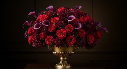 Prachtige donkere bloemenarrangement rijke kleuren elegant gouden vaas. AI Generated