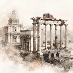 Obraz premium Watercolor view of ancient Roman ruins and a church