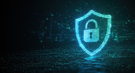Abstract representation of cybersecurity digital shield with lock icon, soft glow