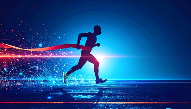 Silhouette of a runner breaking the finish line ribbon, illuminated with dynamic digital effects against a deep blue background