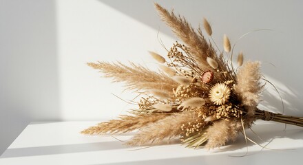 Zacht licht accentueert beige droogbloemenboeket. AI Generated