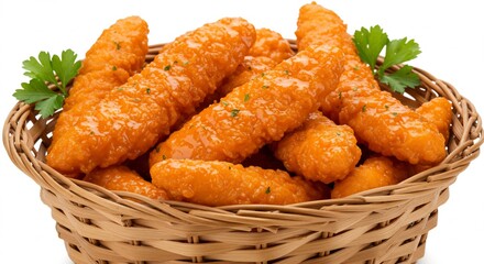 Knapperige kipnuggets liggen smakelijk in een mandje gouden licht. AI Generated