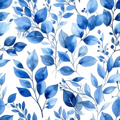 Delicate, vibrant blue leaves and branches pattern on white background. Watercolor style