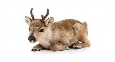 Schattig rendierkalf rust zacht tegen witte achtergrond. AI Generated