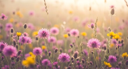 Zachte ochtendzon verlicht kleurrijke wilde bloemenweide. AI Generated