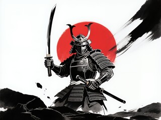 Fototapeta premium Japanese Samurai Warrior with Katana in Traditional Ink Art Illustration