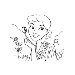 Black and white vector illustration of a beautiful woman holding a flower, minimal clean line art style