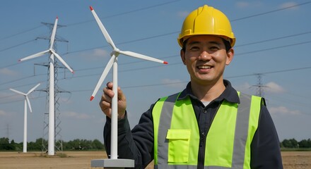 "Worker in construction helmet analyzing digital wind energy data on tablet"