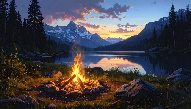 Campfire burning by lake