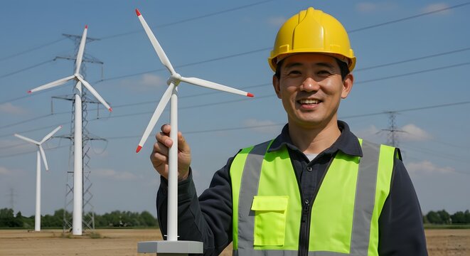 "Worker in construction helmet analyzing digital wind energy data on tablet"