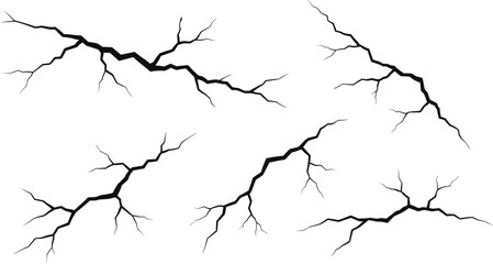 Lightning bolt silhouette set, electric crack shapes, black vector illustration, jagged energy lines, abstract fracture design, storm, power, electricity icons