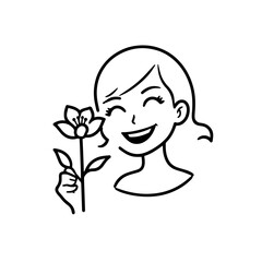 Black and white vector illustration of a beautiful woman holding a flower, minimal clean line art style