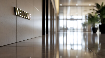 Illuminated welcome sign at the office. Shiny floors lead to a bright lobby, decorated with plants and soft lighting. A modern, inviting workspace.