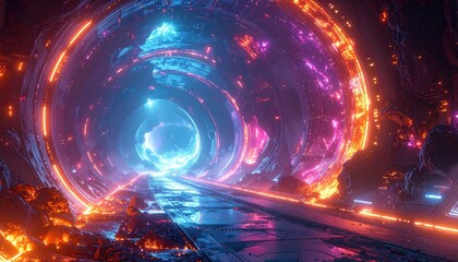 Obraz premium A vibrant, futuristic tunnel glows with otherworldly neon light, showcasing intricate, circular structures and a central orb.