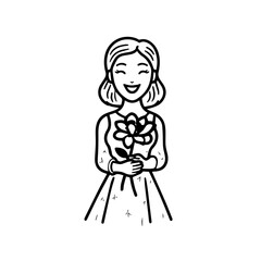 Black and white vector illustration of a beautiful woman holding a flower, minimal clean line art style