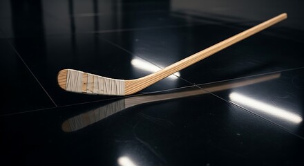 Fototapeta premium Elegant hockey stick rests dramatically on a slick, polished dark surface